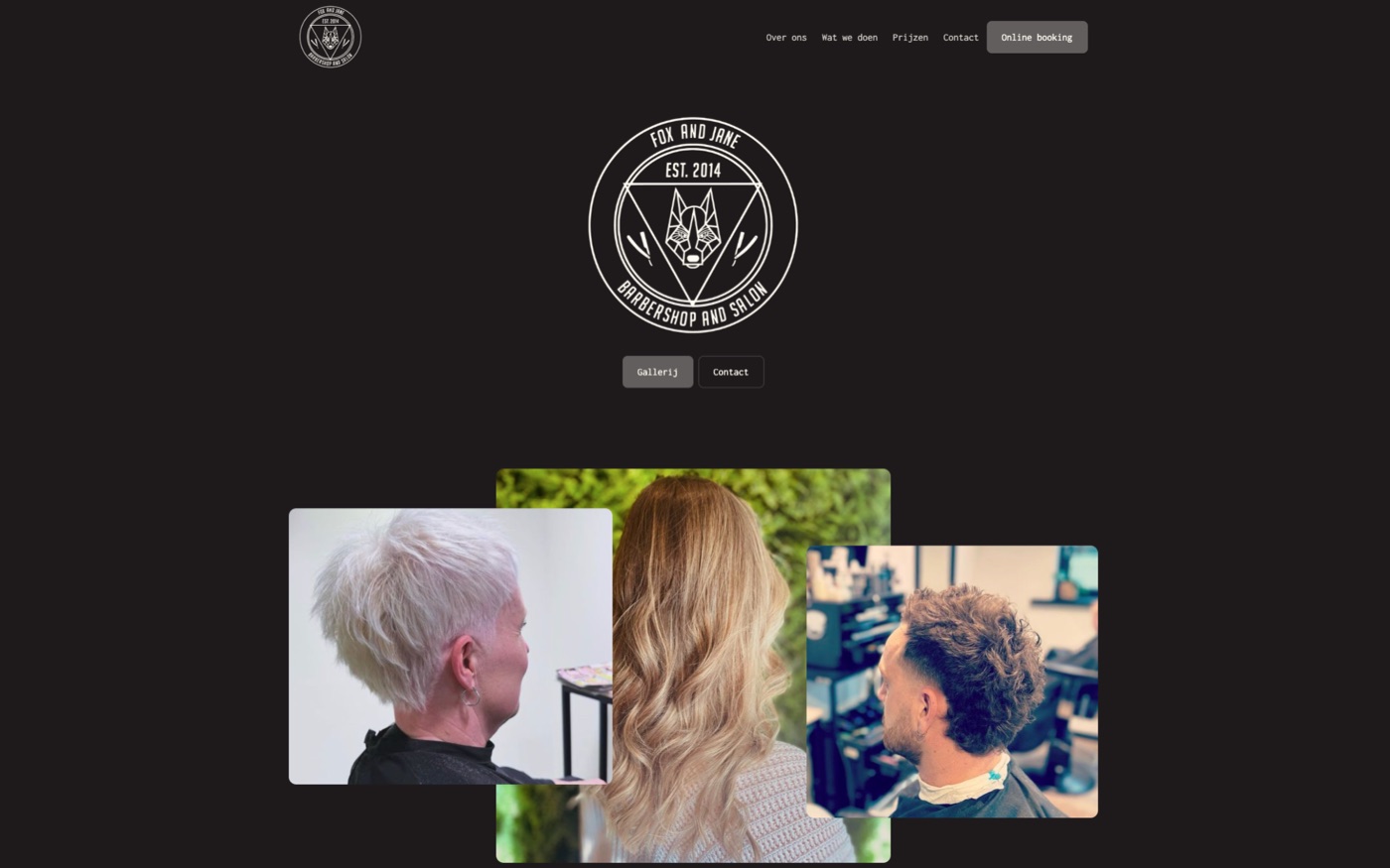De homepage van Fox and Jane: het vossenwapen van de zaak op een bijna zwarte achtergrond, boven drie foto's van afgewerkte kapsels.