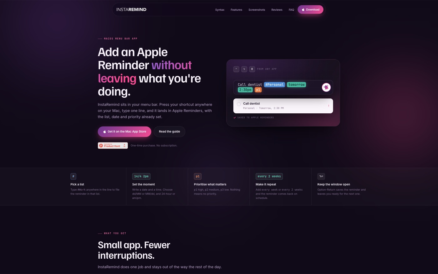 De website van InstaRemind: "Add an Apple Reminder without leaving what you’re doing", naast een schermafbeelding van de snelinvoerbalk van de app.