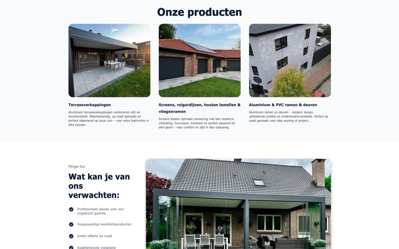 De website van Pergo-Lux met het overzicht "Onze producten": terrasoverkappingen, screens en aluminium ramen en deuren.