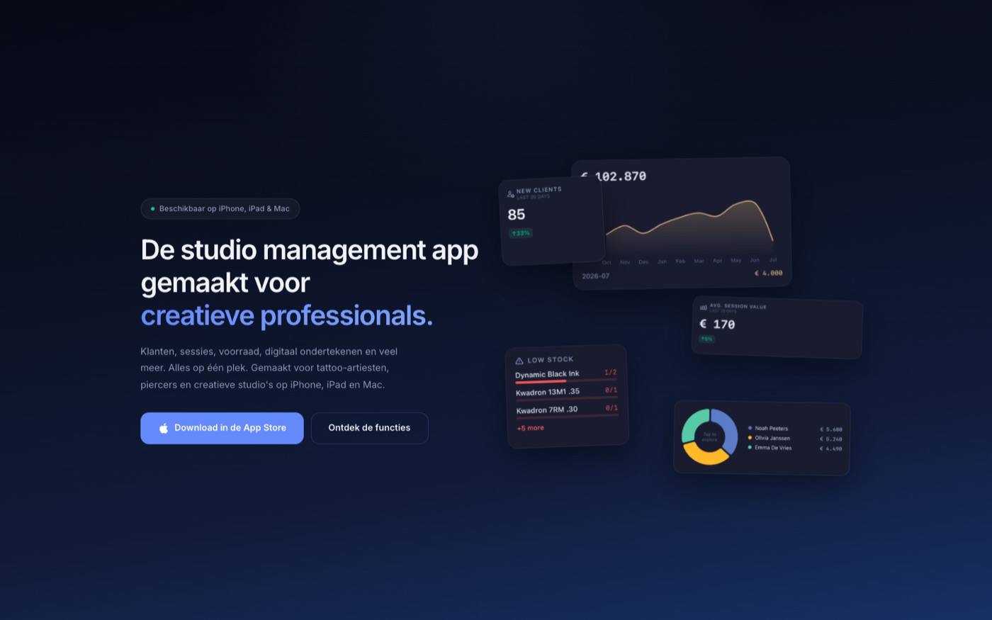 De website van StudioTrackr: "De studio management app gemaakt voor creatieve professionals", naast zwevende dashboardkaarten met omzet, lage voorraad en een verdeling per teamlid.