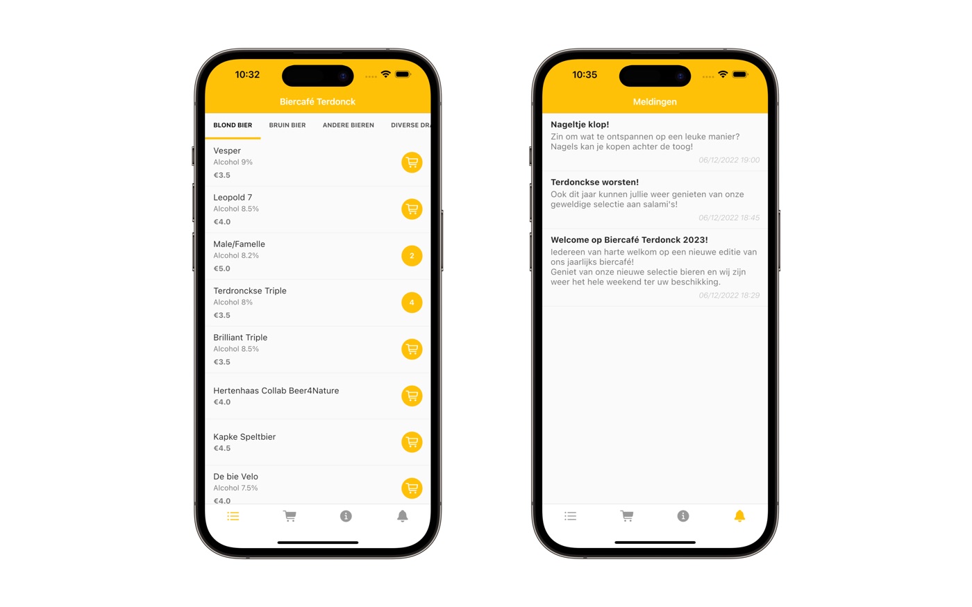 Twee iPhone-schermen uit de app van Biercafé Terdonck: een bierkaart met prijzen en een overzicht van mededelingen.